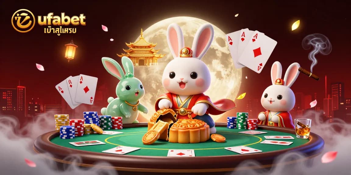Experience ufabet เข้าสู่ระบบ as the moon rabbit reveals poker chips, symbolizing gaming excitement.