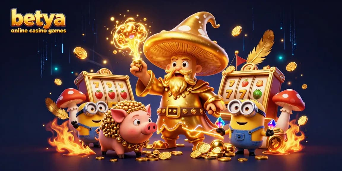 Experience the magic of betya online casino games with a whimsical wizard, treasure-seeking pig, and slot reels.