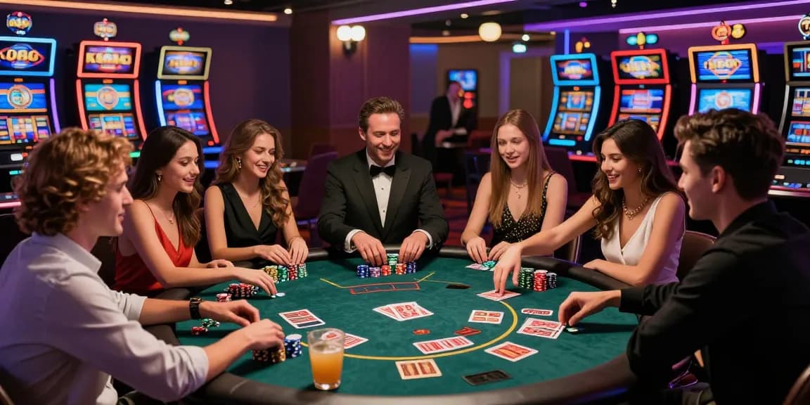 Vibrant KO66 Casino scene with friends enjoying poker and entertainment.