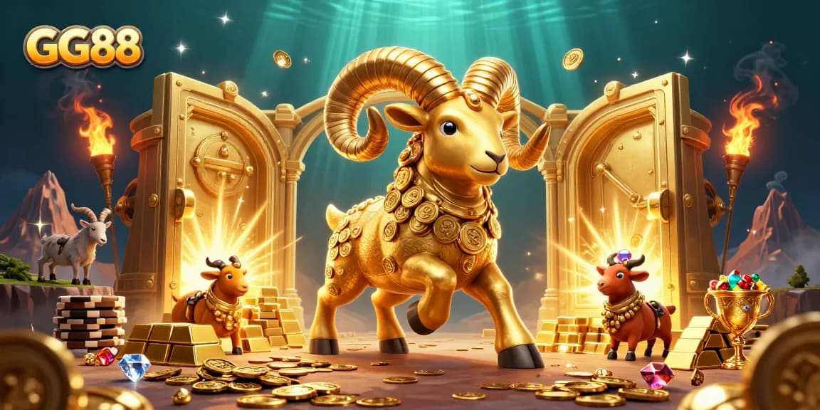 Experience the excitement of GG88 with a dynamic casino scene featuring golden elements and rich treasures.