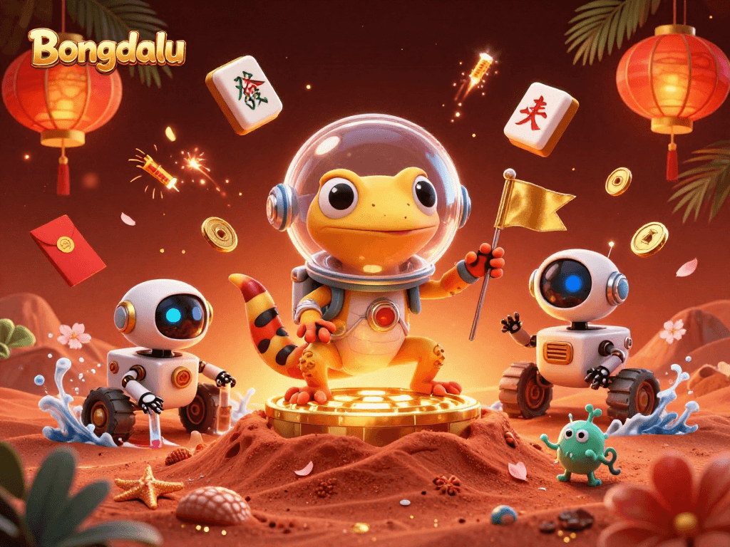 Bongdalu showcases a Martian gecko revealing a hidden casino treasure amidst a festive 3D scene.