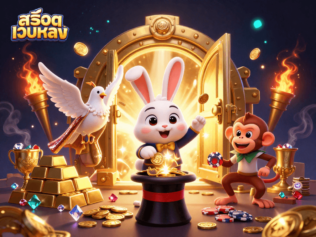 Win at สล็อตเว็บตรง with a dazzling magician, assistant dove, and playful monkey gathering treasures!