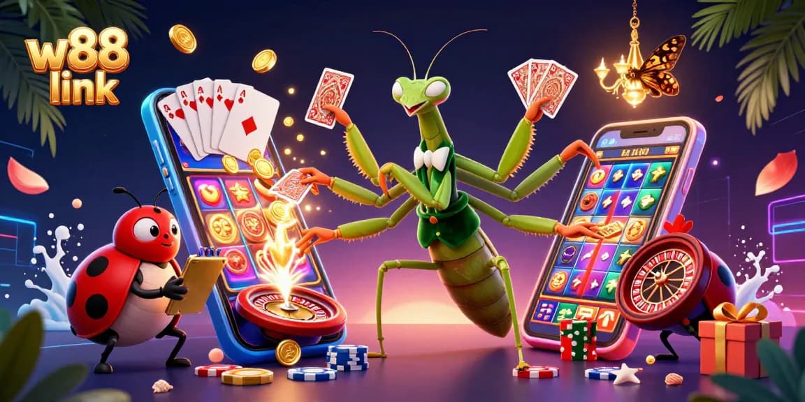 Experience the excitement of casino gaming with the vibrant w88 link showcasing a lively 3D gambling scene.