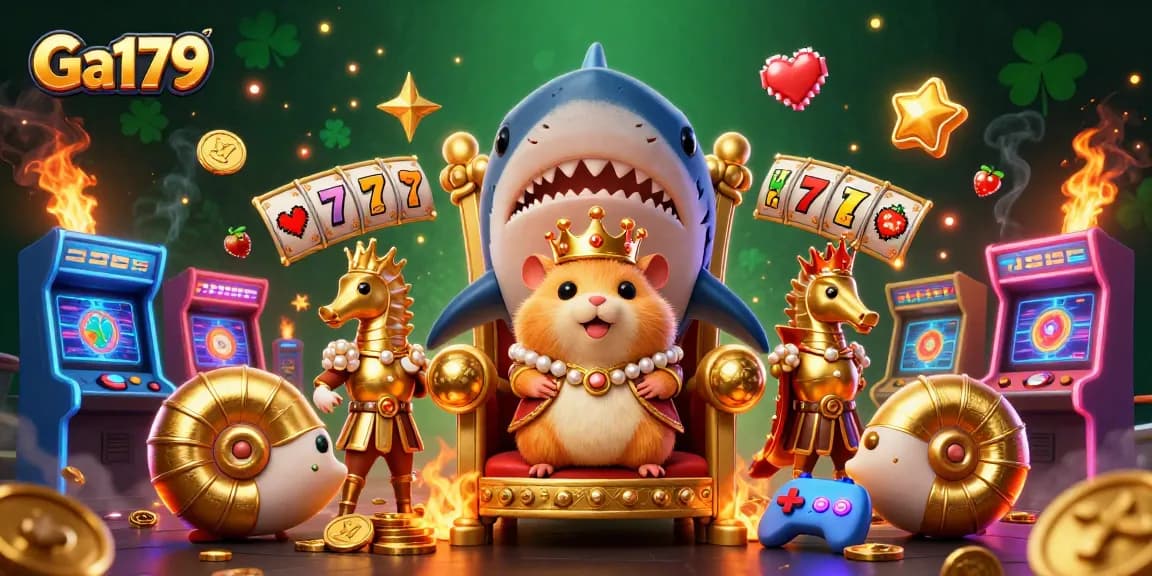 Engage in thrilling slots at Ga179, featuring a vibrant illustration of a golden hamster king surrounded by slot reels and rich gaming elements.