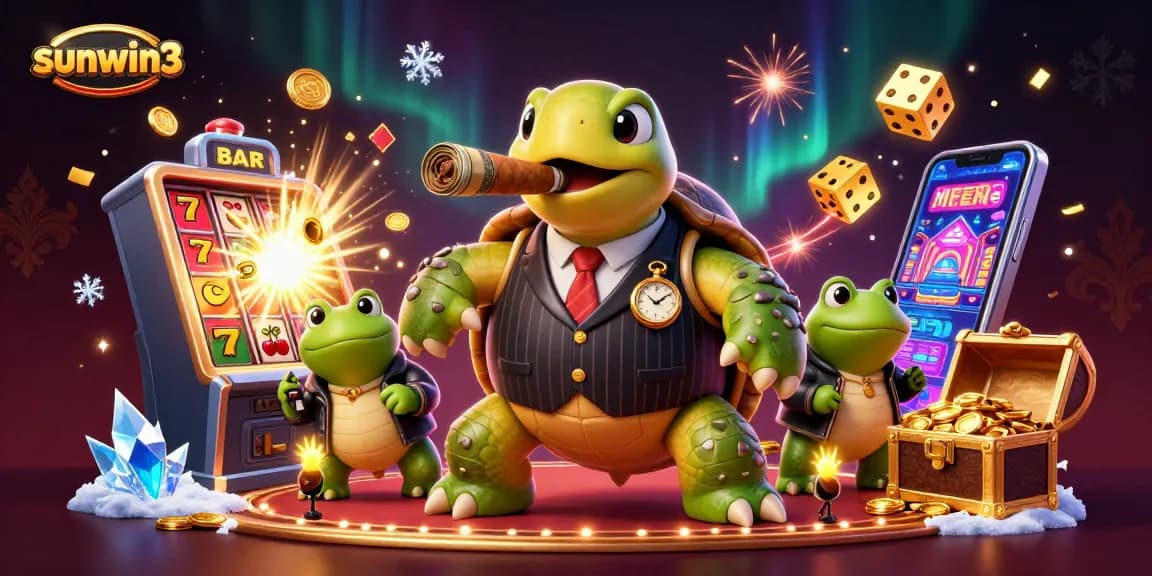 Watch a snapping turtle in a suit celebrate jackpot wins in the dynamic sunwin3 casino scene.
