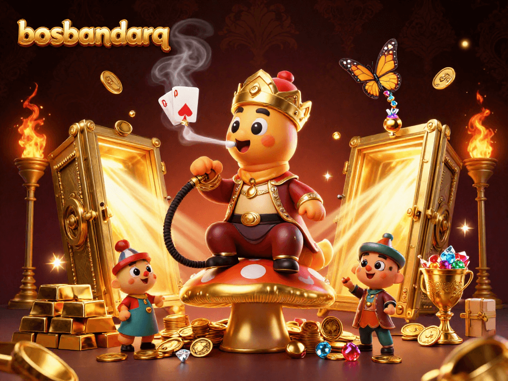 Experience winning stakes with bosbandarq in a vibrant 3D casino scene filled with luxury and treasures.