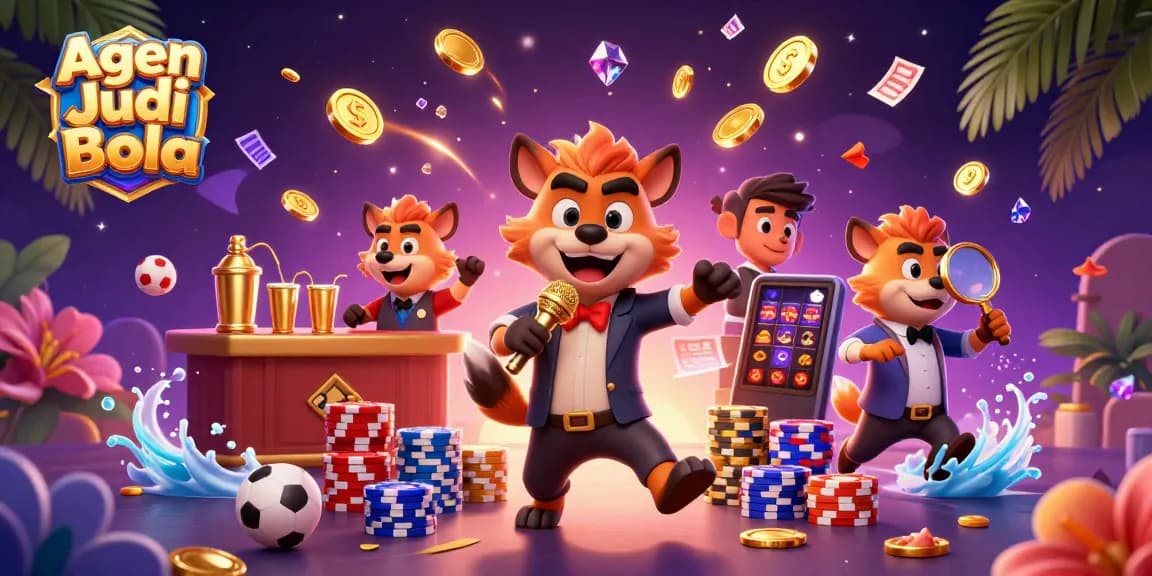 Agen Judi Bola showcases a lively scene of hyenas in a dynamic sports betting club, featuring vibrant casino elements.