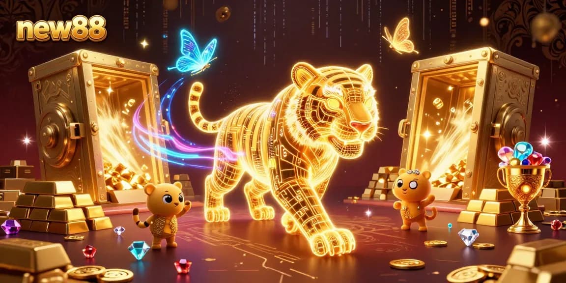Experience thrilling games at new88 with a dazzling 3D digital casino scene featuring vibrant elements.