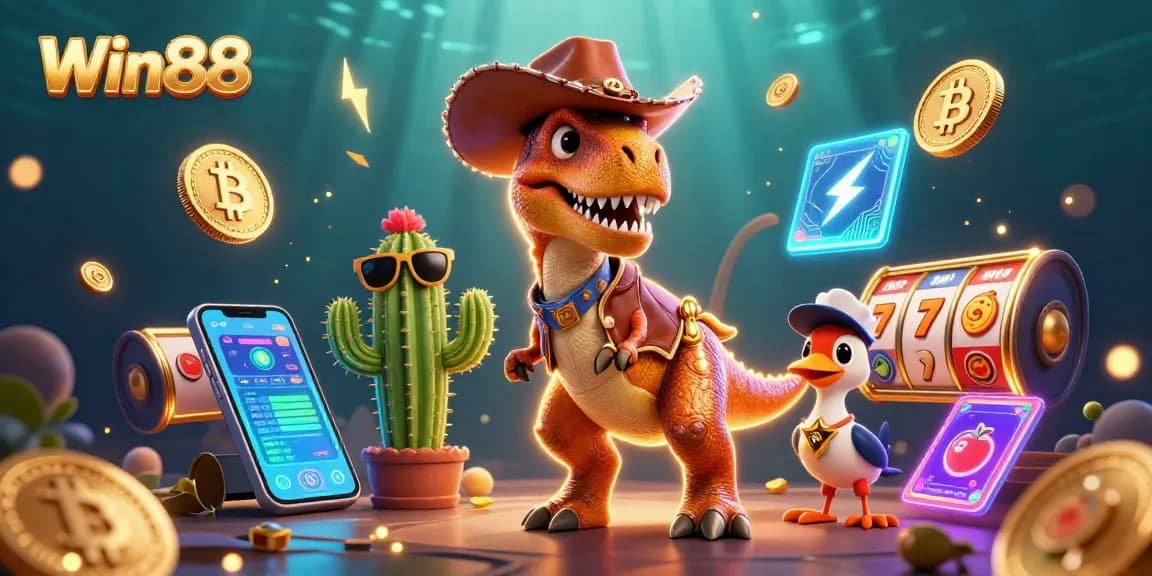 Win88 ventures into the crypto realm with vibrant characters and gaming symbols, showcasing lively casino energy.