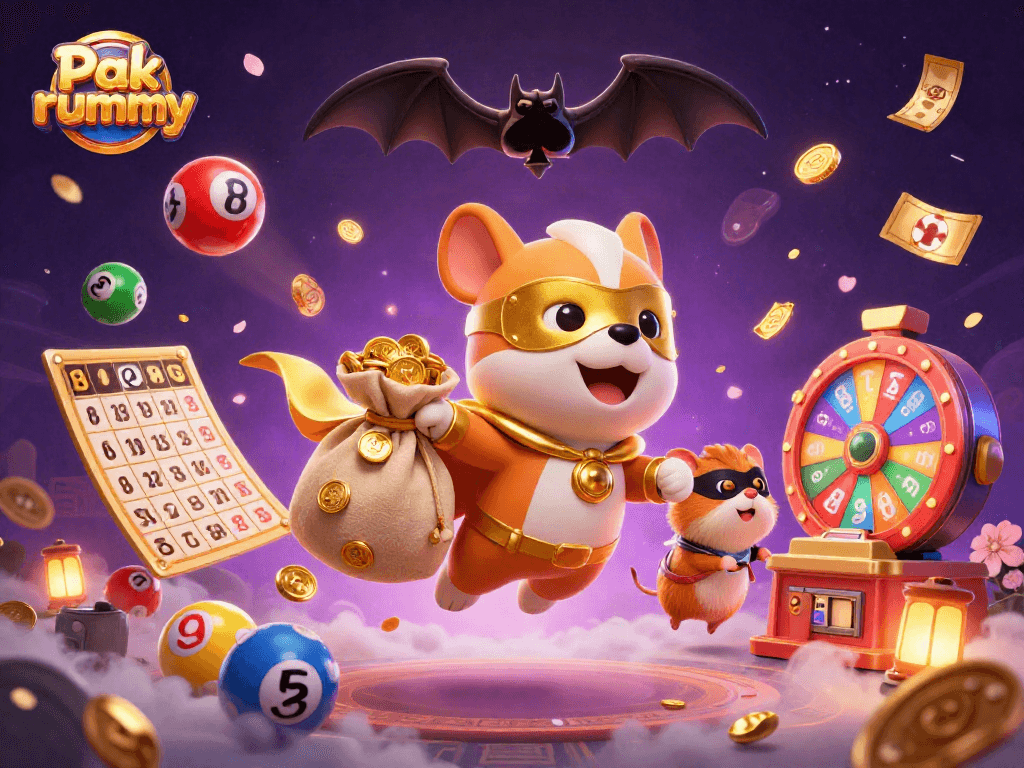 Engage with Pak rummy in this vibrant scene of a superhero dog and sidekick amidst casino symbols.