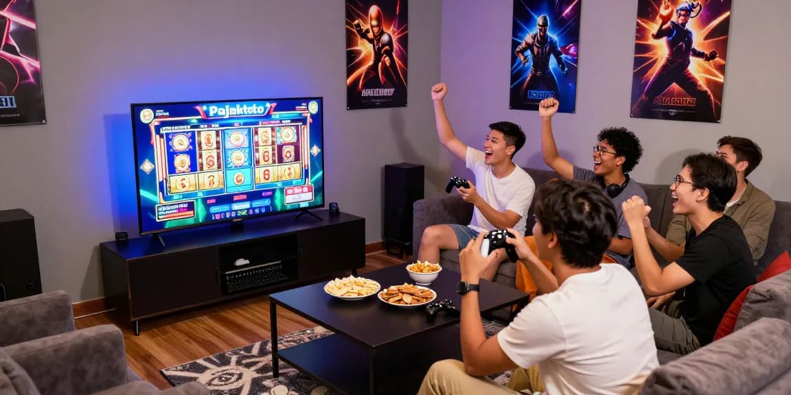 Pajaktoto daftar fun gaming lounge scene with friends celebrating a big win in vibrant atmosphere.