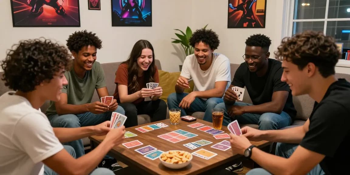 Friends play games in a cozy setting, enjoying card games with snacks and drinks.