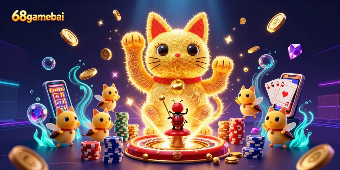 Engage with thrilling games at 68gamebai, featuring a vibrant casino scene with golden symbols and fun game elements.