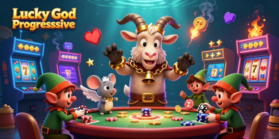 Engage with Lucky God Progressive in a lively casino scene featuring a whimsical Krampus goat and mischievous elf gremlins.