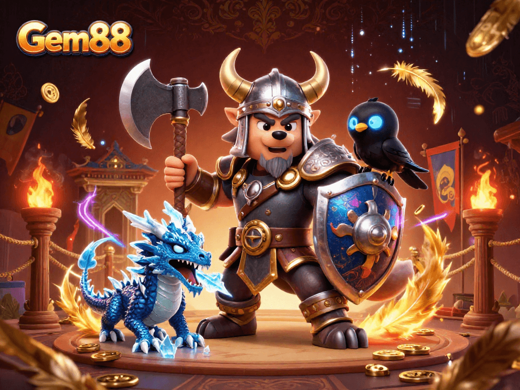 Engage with Gem88's vibrant scene featuring a Viking wolf warrior and a fierce dragon in a dynamic casino arena.