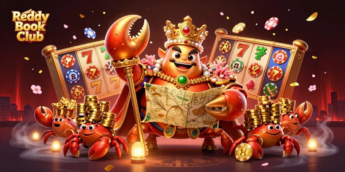 Reddy Book Club showcases a vibrant 3D casino scene with golden crab emperor amidst exciting slots and poker elements.