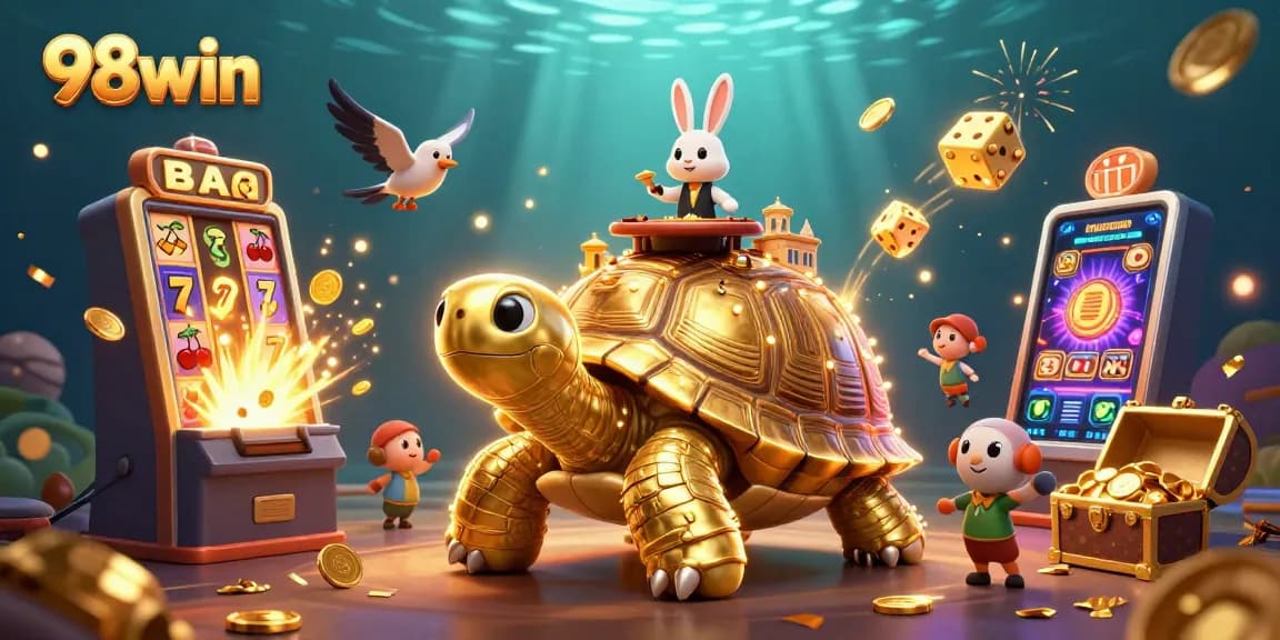 Win big with 98win's casino games showcased in a vibrant 3D digital illustration.