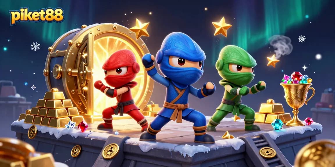 Piket88 showcases 3D ninja chameleons in action, scattered treasures and casino elements.