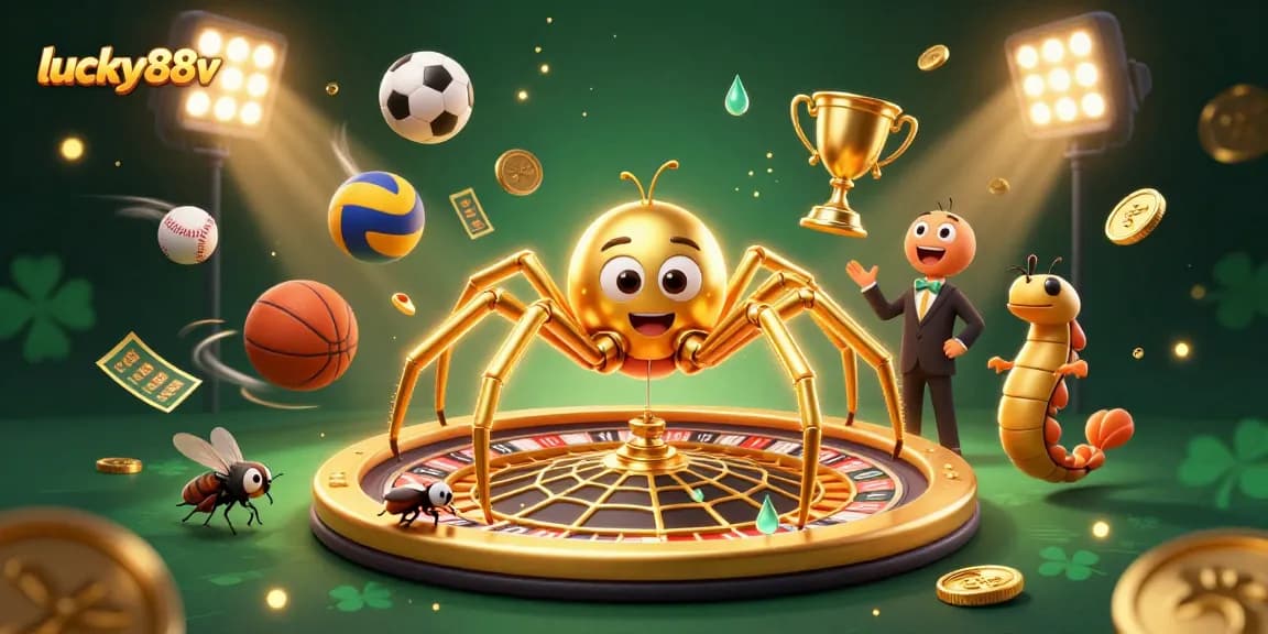 Bet on luck at lucky88v with a lively 3D casino scene featuring animated characters, vibrant sports elements, and rich details.
