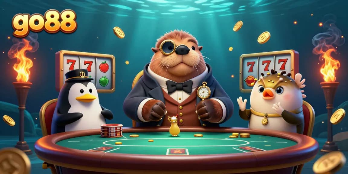 Experience the thrill of go 88 at an underwater poker game with a witty walrus, penguin dealer, and pufferfish bluffer.