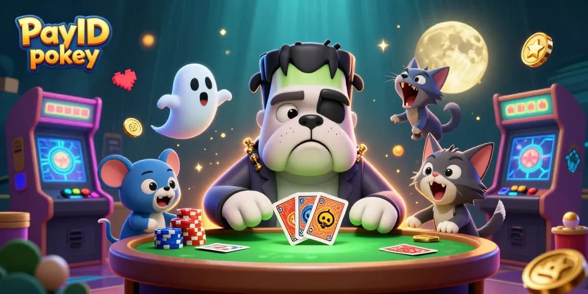 Engaging PayID pokies scene with a cartoon bulldog dealing cards, a ghost mouse, and a werewolf kitten.