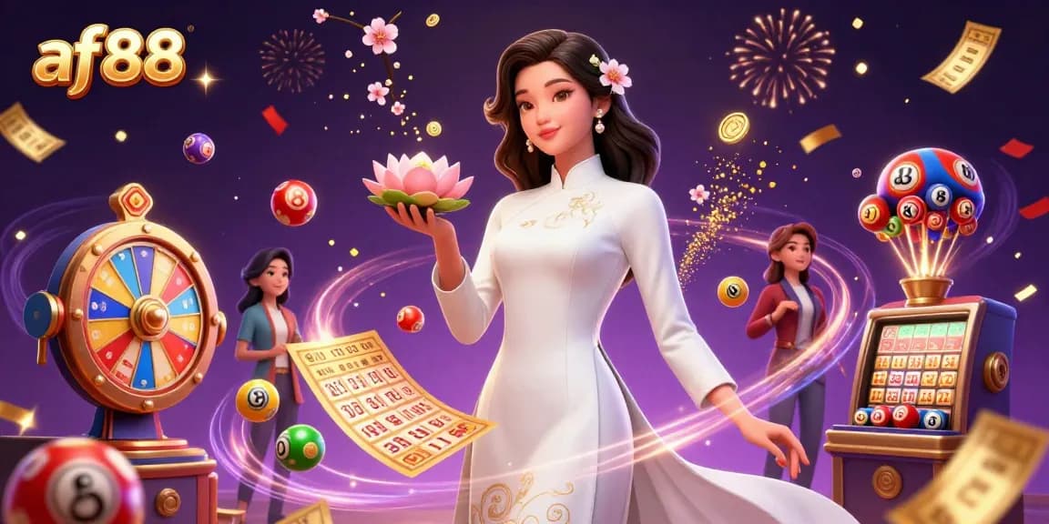Experience exciting gameplay at af88 with vibrant lottery elements, a graceful Asian woman, and dynamic casino visuals.