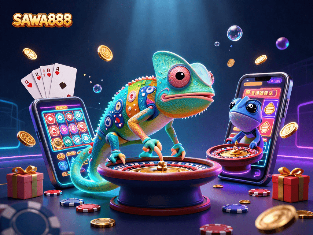 Experience thrilling wins with SAWA888's vibrant cartoon casino scene featuring dynamic gaming elements.