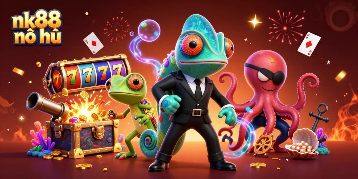 Engage with nk88 nổ hũ through a vibrant 3D scene showcasing colorful slot reels and dynamic characters.
