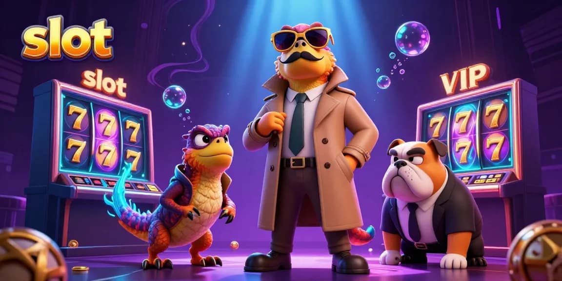 Spin the slot reels with vibrant characters at a VIP casino lounge.