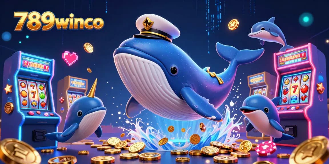 Join the fun at 789winco as a giant whale breaches through coins, highlighting thrilling casino gaming.