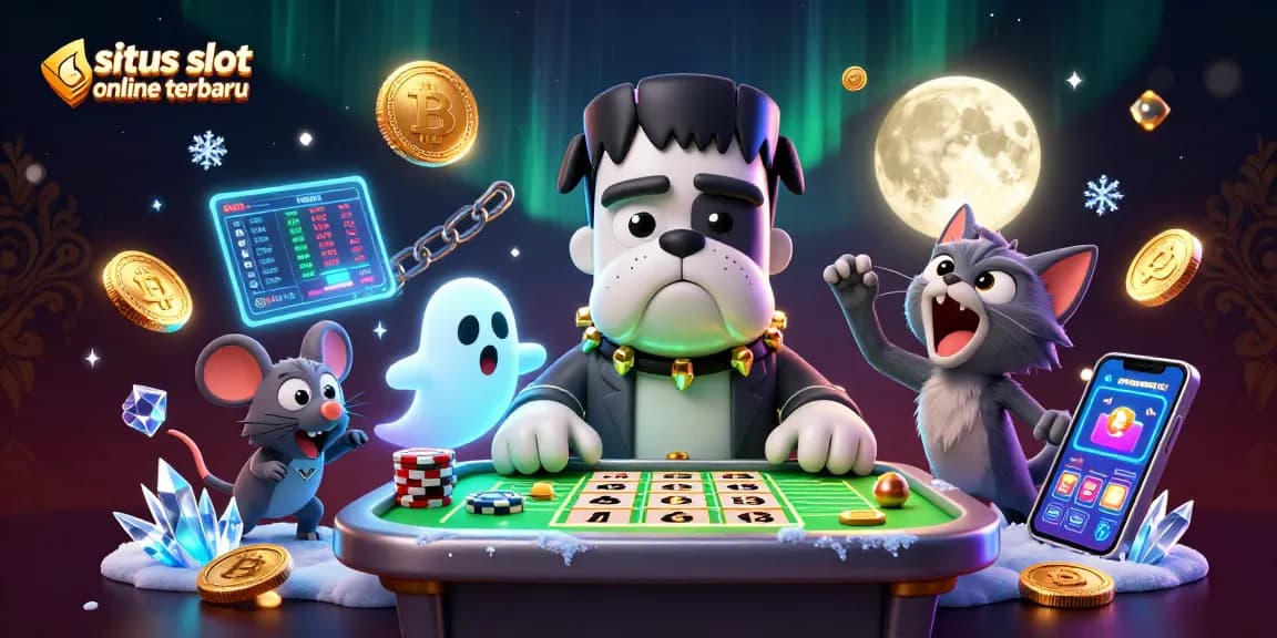 Watch the playful Frankenstein bulldog monster deal at the situs slot online terbaru with vibrant gaming elements.