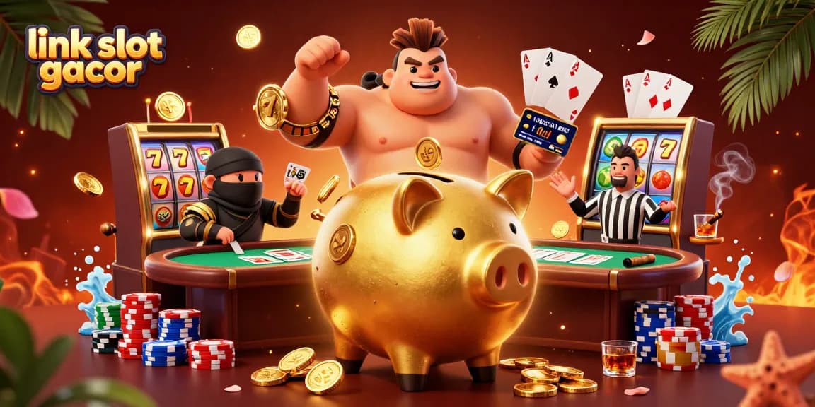 Spin winning reels at link slot gacor with golden characters amidst vibrant casino action.