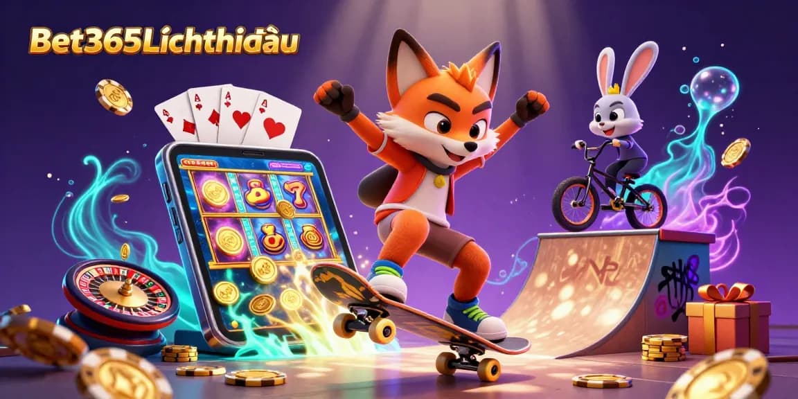 Bet365Lịchthiđấu features a vibrant 3D scene of cartoon fox and rabbit amid casino elements, showcasing dynamic gambling fun.