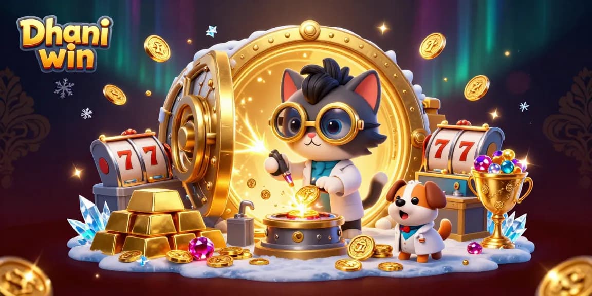 Dhani win offers thrilling slots with mad scientist cat and loyal dog amidst gold treasures.