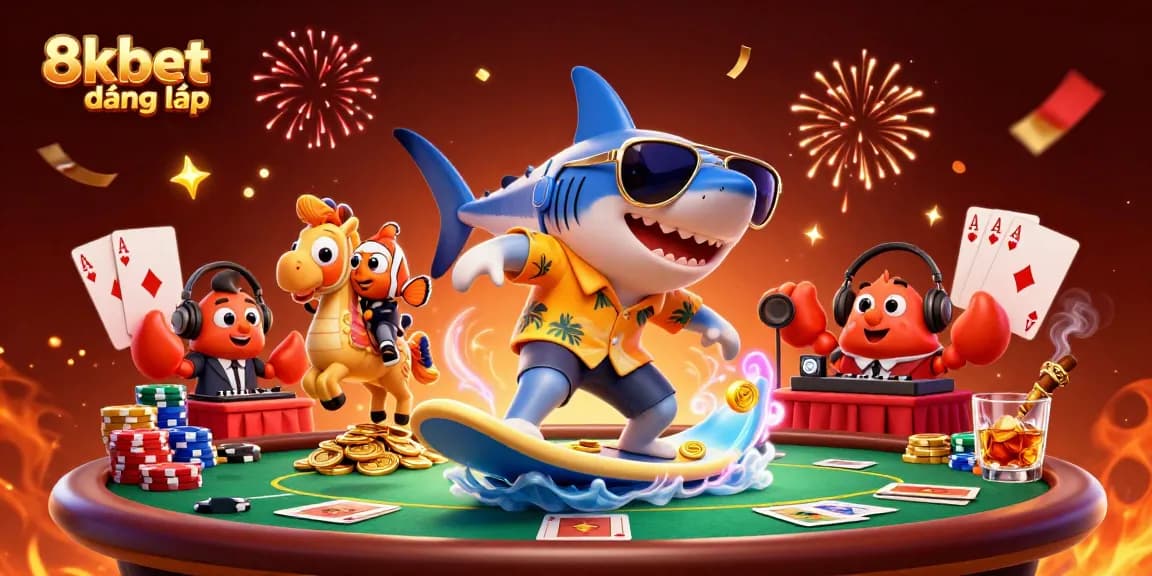 Engage with 8xbet đăng nhập as a playful shark surfs gold coins, showcasing poker elements.
