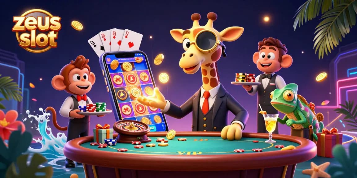 Engage with zeus slot in an extravagant casino scene featuring a high-roller giraffe and vibrant game elements.