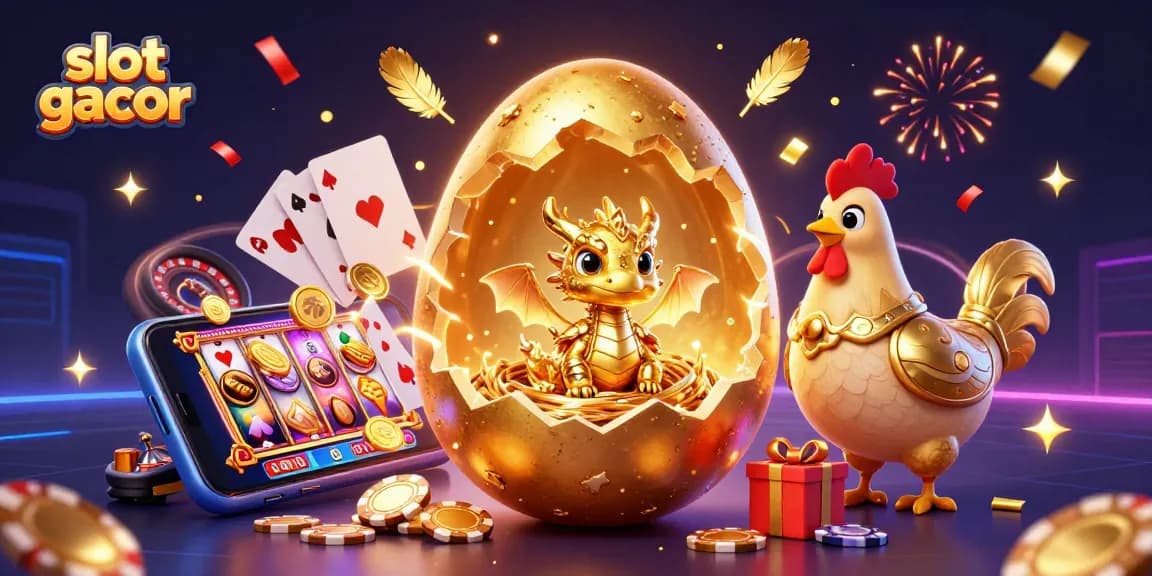 Menggali slot gacor dengan ilustrasi aksi dramatis: naga kecil emas dan poker chip menyatu.
