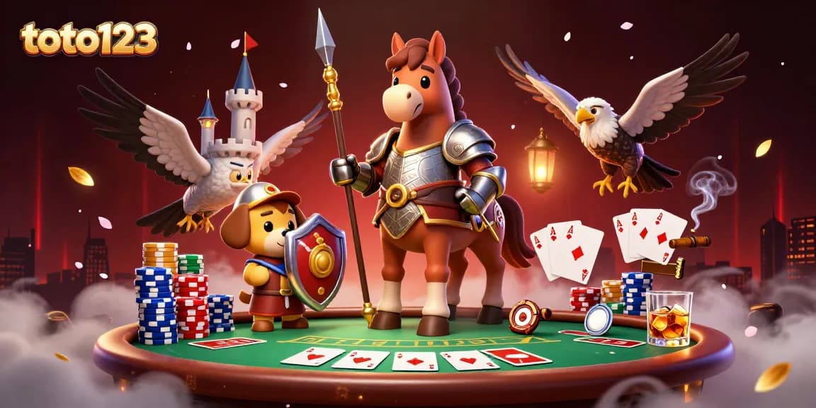 Toto123 players engage in strategic poker at a vibrant casino scene filled with excitement.