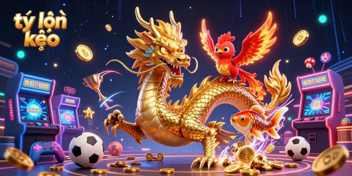 Dynamic illustration depicting tỷ lệ kèo sports betting with a golden dragon, phoenix, and koi fish amidst game elements.
