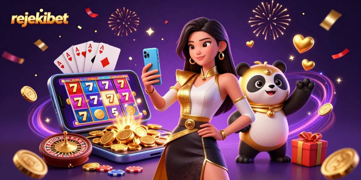 Experience rejekibet excitement with a woman playing casino slots while a panda mascot captures the moment.