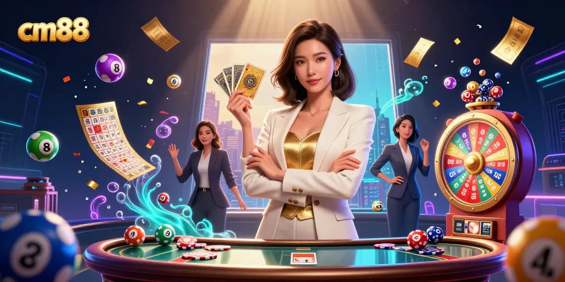 Experience the thrilling world of cm88 with an elegant woman showcasing her gambling prowess in a vibrant casino scene