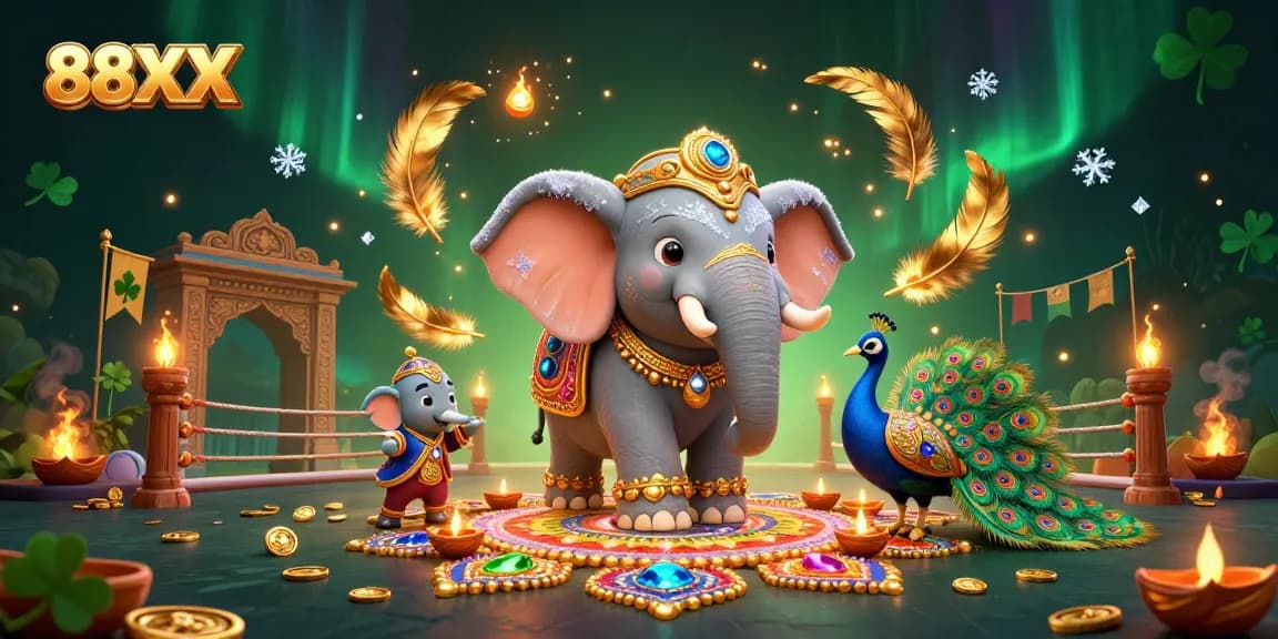 Engage with 88XX at a vibrant 3D casino, featuring colorful characters and festive elements.