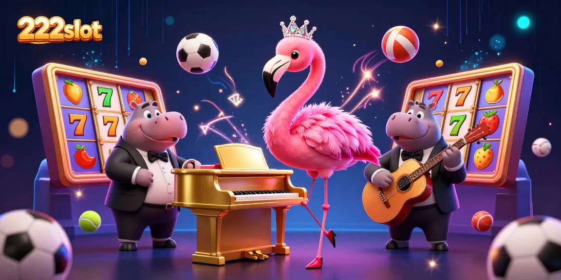 Memenangkan permainan slot 222slot dengan ilustrasi kasino menarik yang menampilkan flamingo penyanyi dan hippo pemain bass.