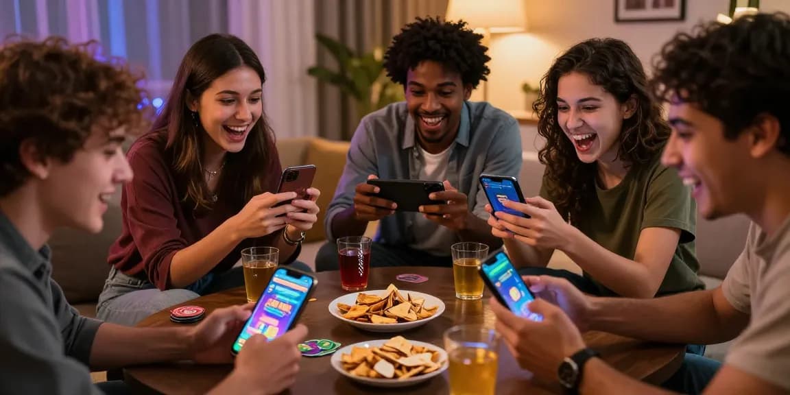 Group enjoying Teen Patti Gold with CLICK TO PLAY excitement in a cozy living room.