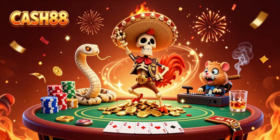 CASH88 brings excitement with a vibrant 3D scene featuring a triumphant mariachi rooster and colorful poker elements.
