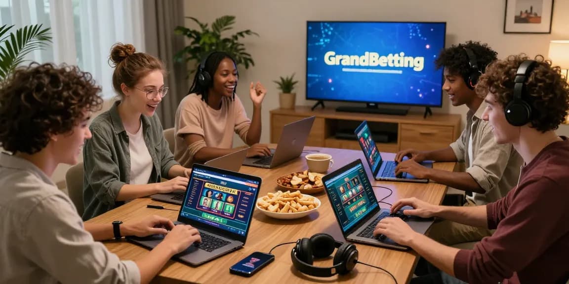 Friends enjoying live casino games on Grandbetting in a cozy home setting, showcasing camaraderie and excitement.