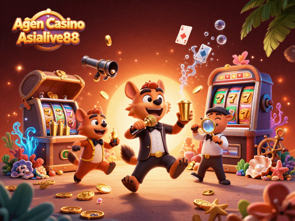 A vibrant scene from Agen Casino Asialive88 featuring animated hyenas in a comedy club amidst casino game elements.