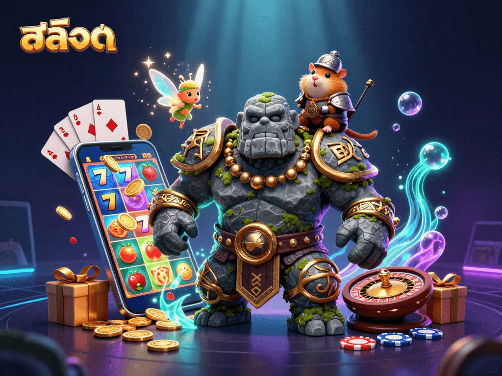 Experience thrilling สล็อต gaming adventures with a lively cartoon scene of a golem, fairy, and hamster knight.