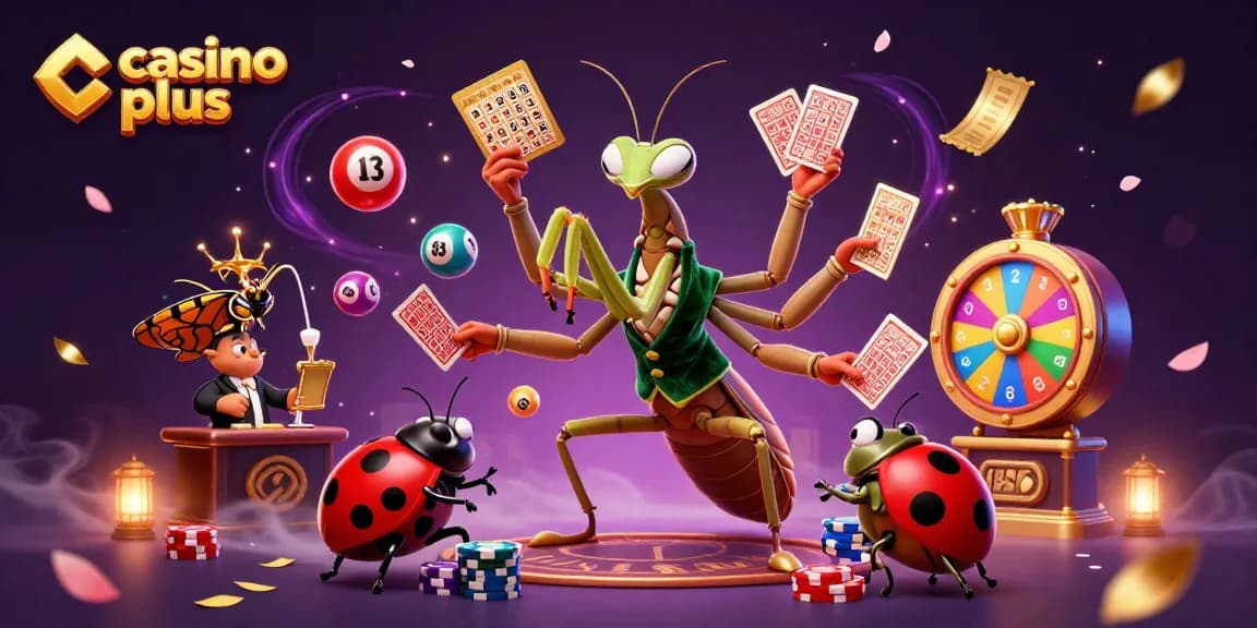 Experience the thrill of casino plus with a praying mantis card sharp, colorful lottery elements, and dynamic gaming visuals.
