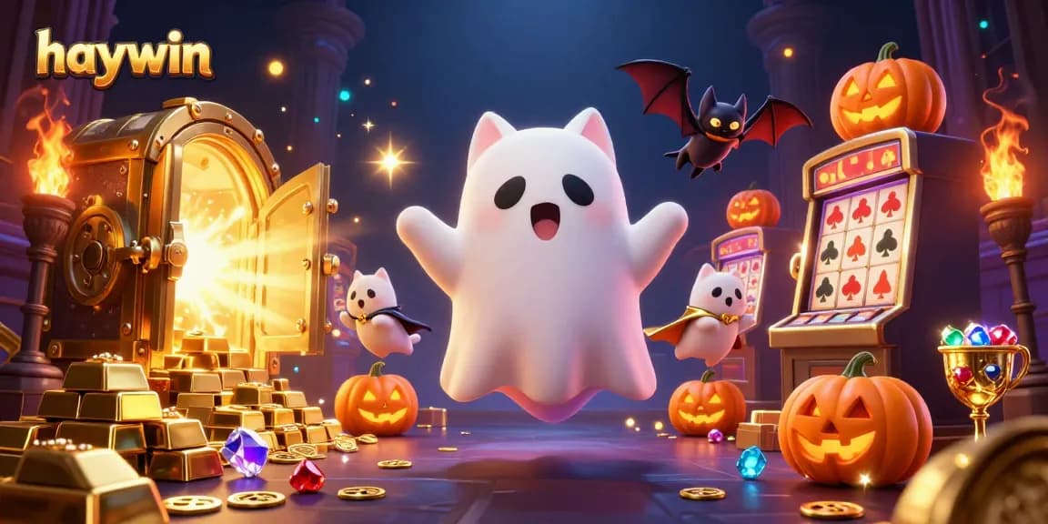 Experience the thrilling ambiance of haywin's haunted casino with a ghost cat and treasure lights.